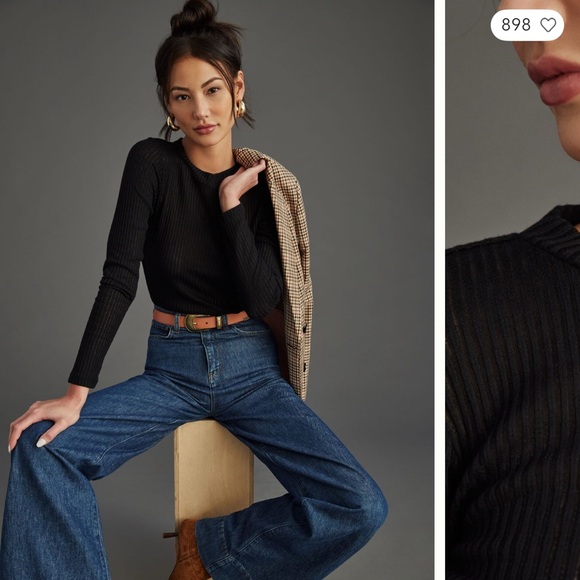 Pilcro Tops - Pilcro Sheer Layering Black Ribbed Long Sleeve Top